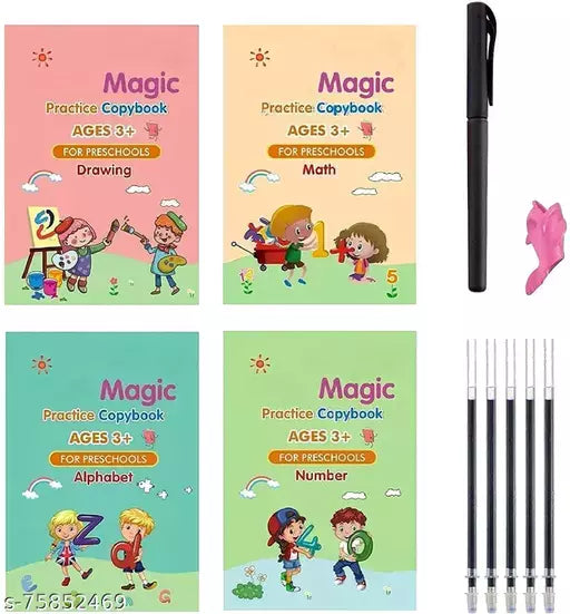 (Pack of 4) Magic Practice Copybook for Kids, Children Reusable Handwriting Practice Copy Books for Preschools Magic Workbook Letter Writing Book